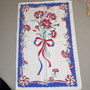 Vintage Style Floral Carnation Bouquet Kitchen 16"  x 25" Dish Towel Red Blue